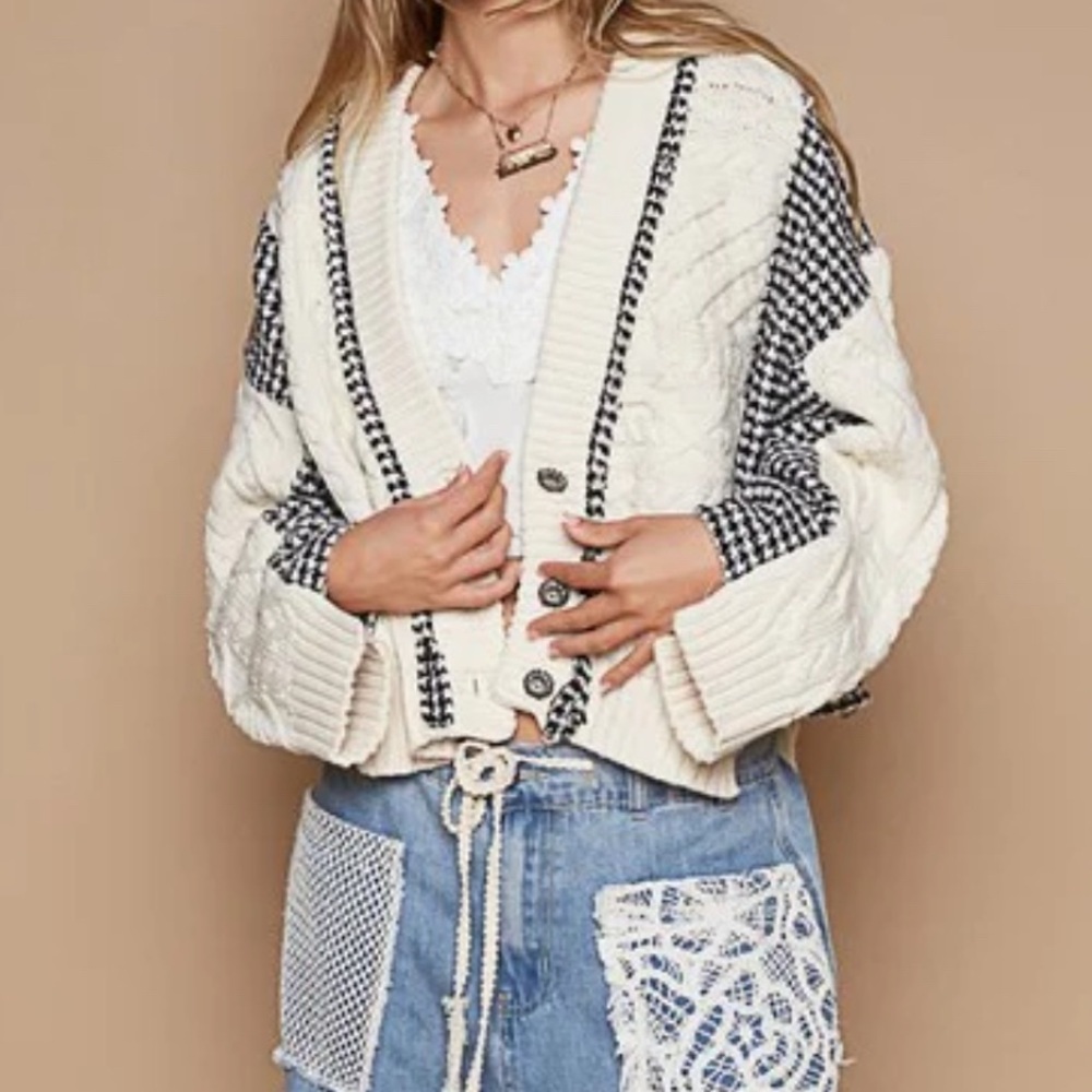 Women's Cream and Black Cardigan Sweater